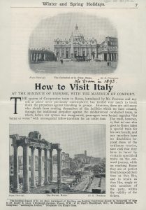 Front page of a leaflet providing guidance about 'How to Visit Italy', featuring black and white images of St Peter's Basilica and the Roman Forum.