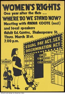 Poster showing a pregnant woman pushing a child in a push chair following a sign advertising job vacancies confronted with a sign saying 'no kids, no training, no promotion, nursery closed, doctor - anti-abortion, Equal Pay Act, Sex Discrimination Act'. Slogan reads 'Women's Rights: One year after the Acts... Where do we stand now?'.