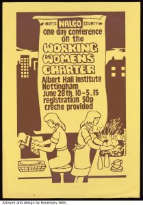 Screenprinted poster for the Working Women's Charter Campaign showing a woman at a typewriter and a woman at a sink.