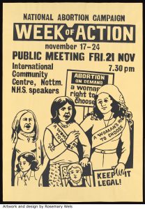Poster showing three protesting women with sashes and a placard.