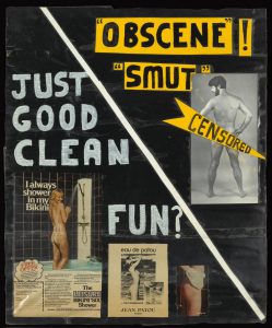 poster contrasting images of naked women used in advertising compared to censored images of naked men.