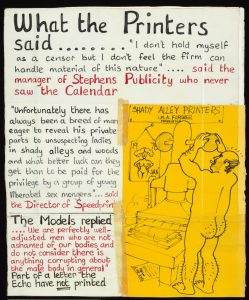 Poster with text and a cartoon drawing of a naked man operating a printing press.
