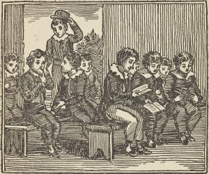 Black and white engraving of 19th century schoolboys on benches. 