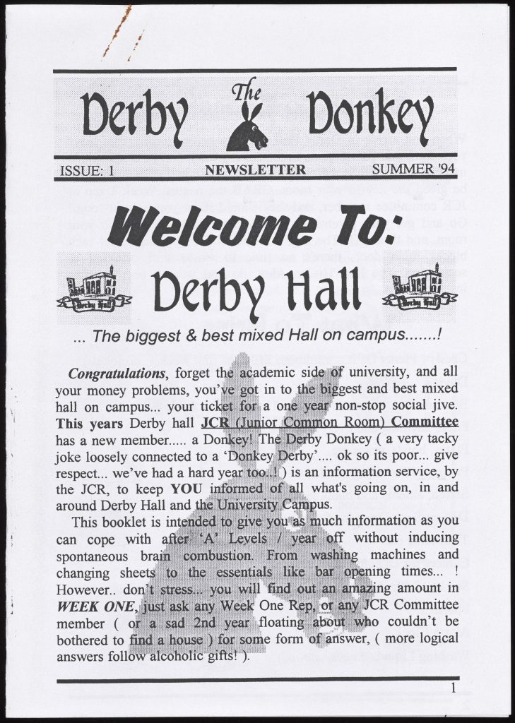 Cover of an issue of the Derby Donkey student newsletter, 1994, welcoming students to the Hall.