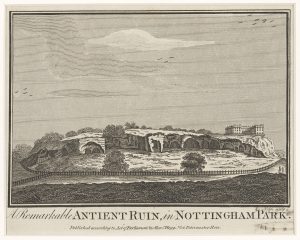 Engraved illustration of Nottingham Castle atop Castle Rock, with cutaway showing the caves. The caption reads, "A remarkable antient ruin, in Nottingham Park".