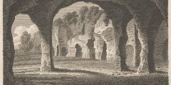 Engraved illustration of caves excavated into the side of sandstone rock in the Park. The caption reads, "interior of the Chapel, in the Rock near Nottingham".