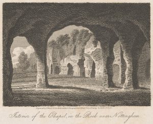 Engraved illustration of caves excavated into the side of sandstone rock in the Park. The caption reads, "interior of the Chapel, in the Rock near Nottingham".