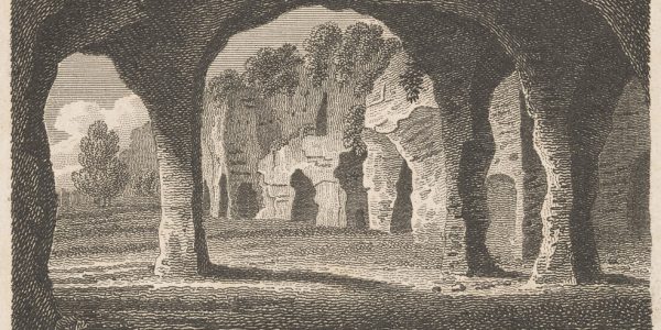 Engraved illustration of caves excavated into the side of sandstone rock in the Park. The caption reads, "interior of the Chapel, in the Rock near Nottingham".