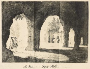 Black and white drawing of two men looking at caves in the Park