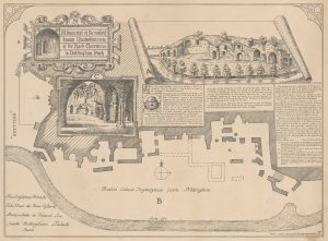 Black and white print of a drawing showing caves in Nottingham Park, accompanied by text outlining the stories and legends associated with these rock holes.