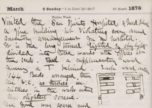 Entry for 5 March 1876 from Diary of Edward M. Wrench, showing drawing of the layout of the wards at San Spirito Hospital.