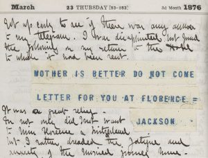 Entry for Sunday 23 March 1876 from Diary of Edward M. Wrench, featuring telegraph regarding the health of Wrench's mother. 