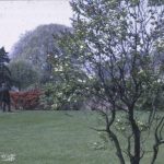 Colour photograph of a garden, with two men in the background.