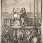 A black and white illustration of a woman, surrounded by three men, all standing on a scaffold next to a guillotine, while a crow looks on below.