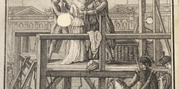 A black and white illustration of a woman, surrounded by three men, all standing on a scaffold next to a guillotine, while a crow looks on below.