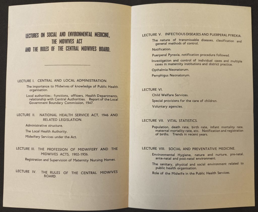 Inside cover of Royal College of Midwives Syllabus of Lectures 