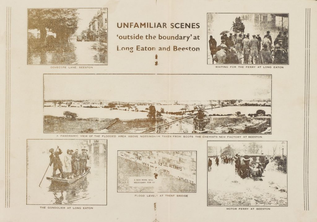Compilation of photographs showing scenes of flooding in Long Eaton and Beeston in 1932.