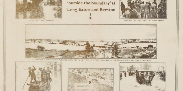 Compilation of photographs showing scenes of flooding in Long Eaton and Beeston in 1932.