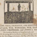 Black and white print of a body hanging from some gallows while a crowd look on.