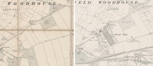 Side by side images of maps showing the area of Forest Town in Nottinghamshire before and after it was developed
