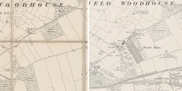 Side by side images of maps showing the area of Forest Town in Nottinghamshire before and after it was developed