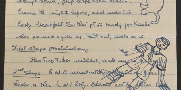 Piece of lined white paper featuring handwritten text and various doodles in blue ink.