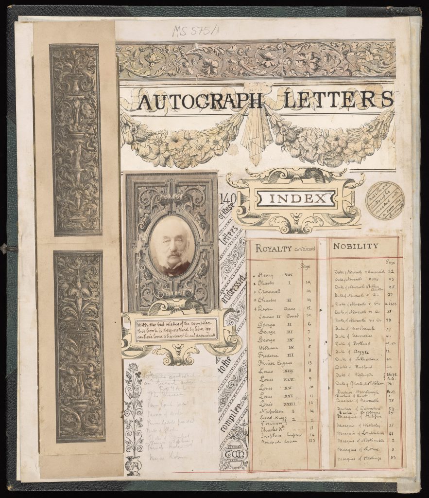 Cover of scrapbook with title 'Autograph Letters', featuring partial index and a black and white photograph of a man with a moustache. 