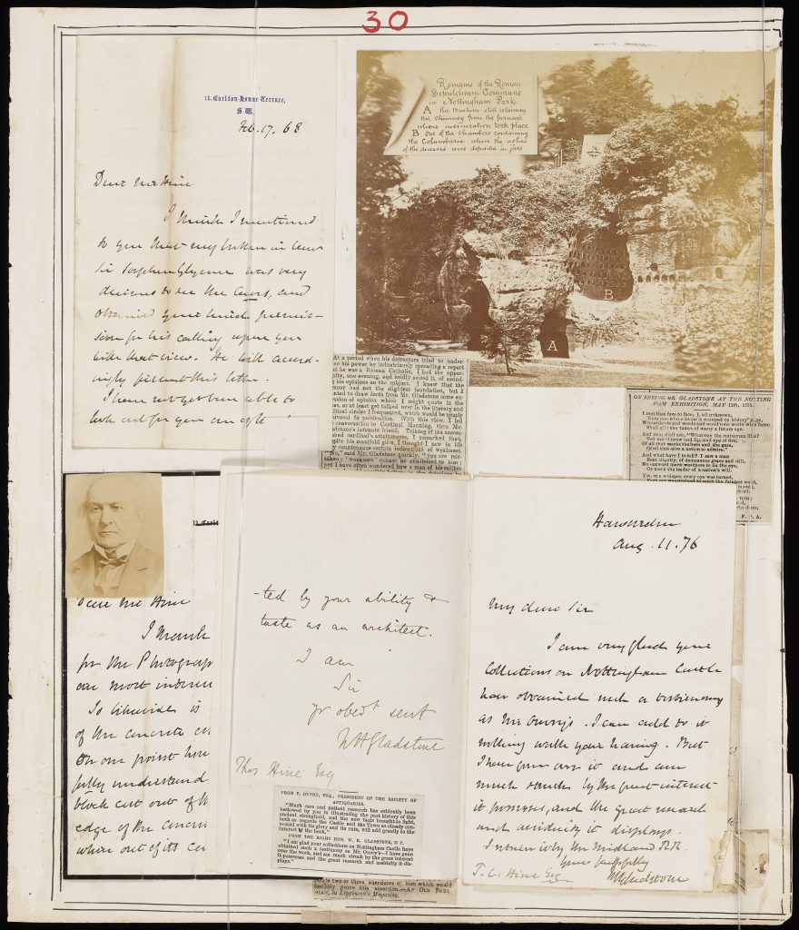 Scrapbook page featuring handwritten letters, new articles and photographs.