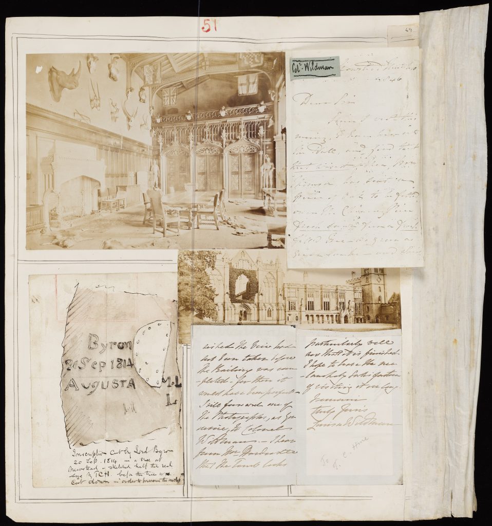 Page from a scrapbook featuring handwritten letters and photographs of the interior and exterior of Newstead Abbey, a stately home. 
