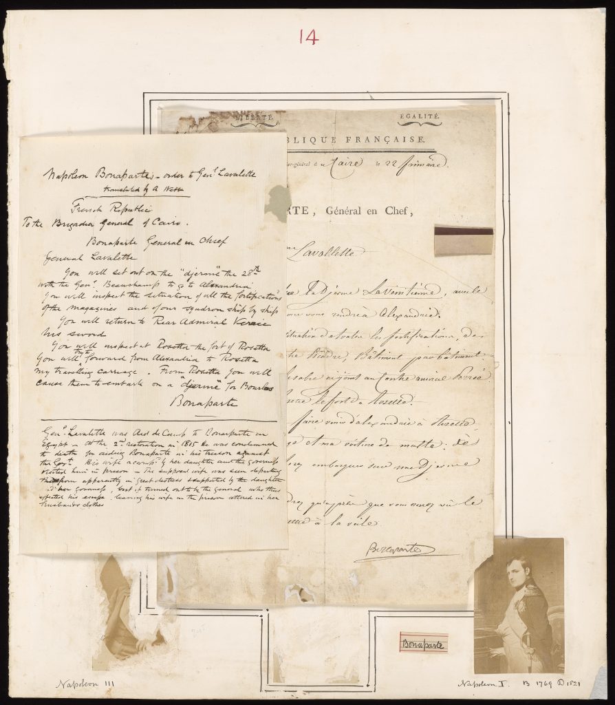 page of a scrapbook featuring two handwritten letters and a black and white image of Napoleon.