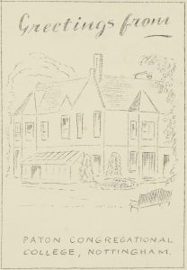 Booklet titled 'Greetings from Paton Congregational College, Nottingham, and featuring a black and white image of a house.