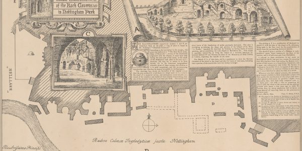 Print created from a drawing by William Stukeley, showing the caves in Nottingham Park and stories about their origins.