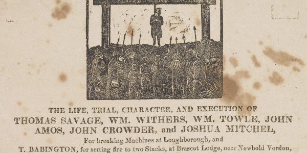 Black and white print of a body hanging from some gallows while a crowd look on.