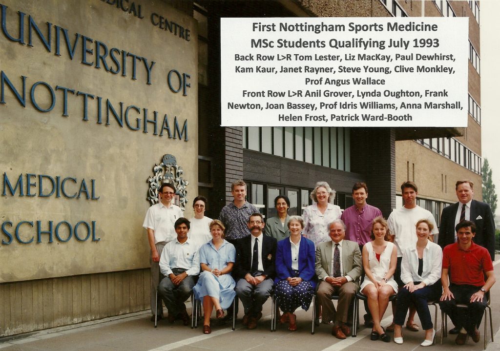 First Nottingham Sports Medicine Students and course leads sitting outside the Nottingham Medical School