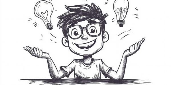 Cartoon drawing of a boy with glasses smiling with his hands held out and a lightbulb above each hand.