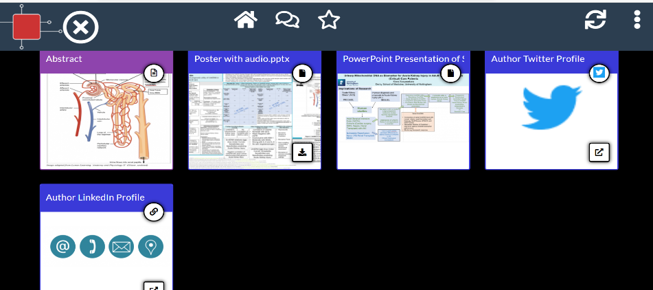 A screenshot of my ePoster. The ePoster contains interactive tiles (the squares) including tiles for the Abstract, a ‘Traditional’ Poster and PowerPoint Presentation, which I used to present my research.