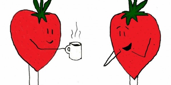 Strawberries having a cup of tea