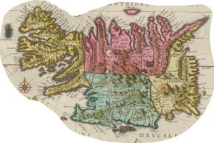 Colourful seventeenth-century map of Iceland, divided into four quarters coloured yellow, red and green.
