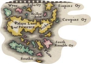 Detail from a seventeenth-century ink map coloured red, yellow, and green, naming the islands 'Mayn land Pomonie', 'Hoy', 'Flotta', 'Wyer', 'Egils Oy', Siapins Oy', Cowpins Oy', 'Southa', and 'South Ranalds Oy'.