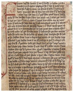 Page from the Flateyjarbók manuscript with an illuminated letter 'f' at the start. Written in black ink with red and green illuminations.