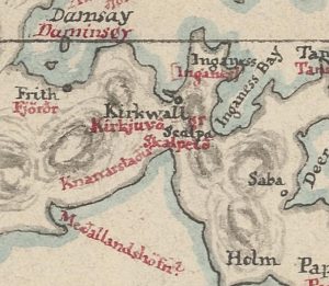 Detail of a hHand-coloured manuscript map showing Knarston in a slightly different location to the Ordnance Survey map.