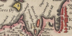 Hand-coloured seventeenth-century map showing the Bay of Firth (Orkney) and the islands of Damsay and Greenbuster holm (Grimbister).