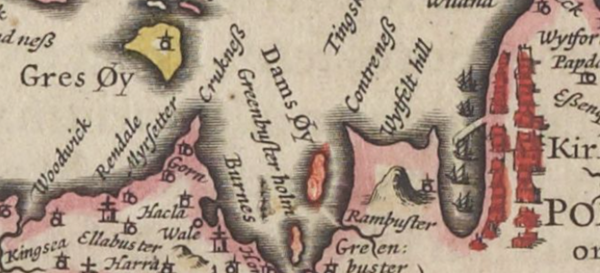 Hand-coloured seventeenth-century map showing the Bay of Firth (Orkney) and the islands of Damsay and Greenbuster holm (Grimbister).