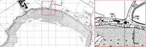 Black and white printed Ordnance Survey map showing the beach at Scapa Bay with the place-name Knarston marked on the shore. A zoomed in detail of the map is included to show Knarston more clearly.