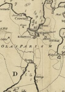 Detail from Mckenzie’s 1750 map of Orkney Mainland showing the area of Knarston, with a watercourse flowing from the direction of Kirkwall (1750). 