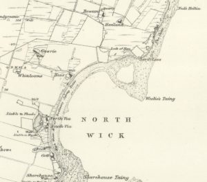 Detail from the 1882 Ordnance Survey map of Papa Westray showing Weelie’s Taing, a large tidal pool on.