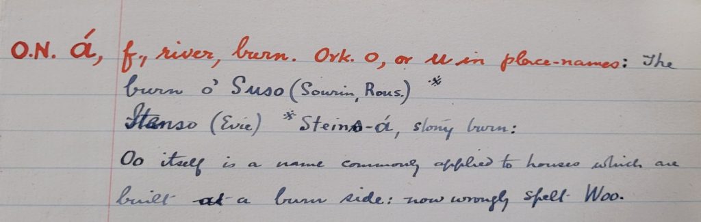 Entry for ON á in Marwick’s manuscript notes on Norn vocabulary and place-names.