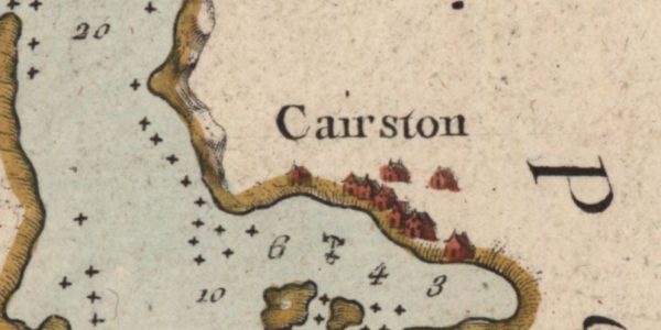 Detail from Bellin’s map of Orkney showing Cairston on the coastline with a number of small buildings coloured red along the shoreline and an anchor symbol in the sea.