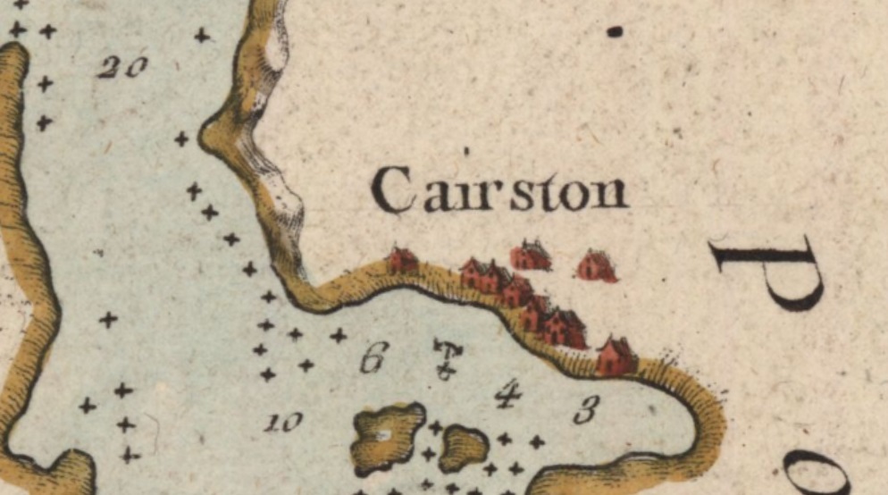 Detail from Bellin’s map of Orkney showing Cairston on the coastline with a number of small buildings coloured red along the shoreline and an anchor symbol in the sea.