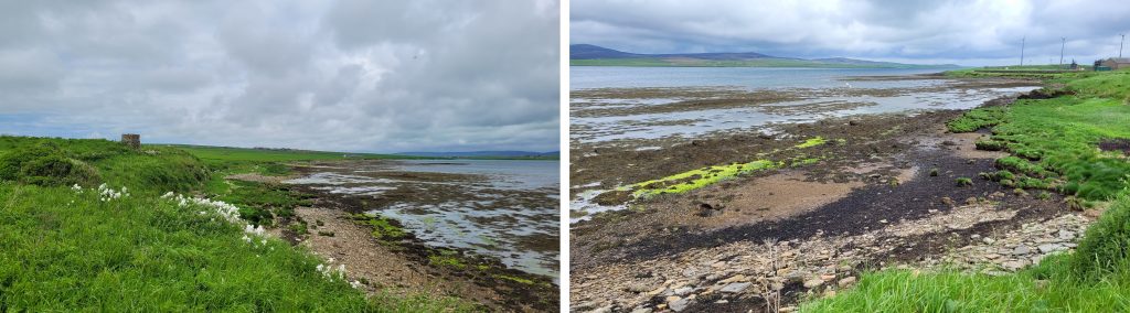 Two colour photographs next to each other showing the view up the Bay of Ireland from Cairston Bu northwards towards the Loch of Stenness, and down the Bay of Ireland southwards.